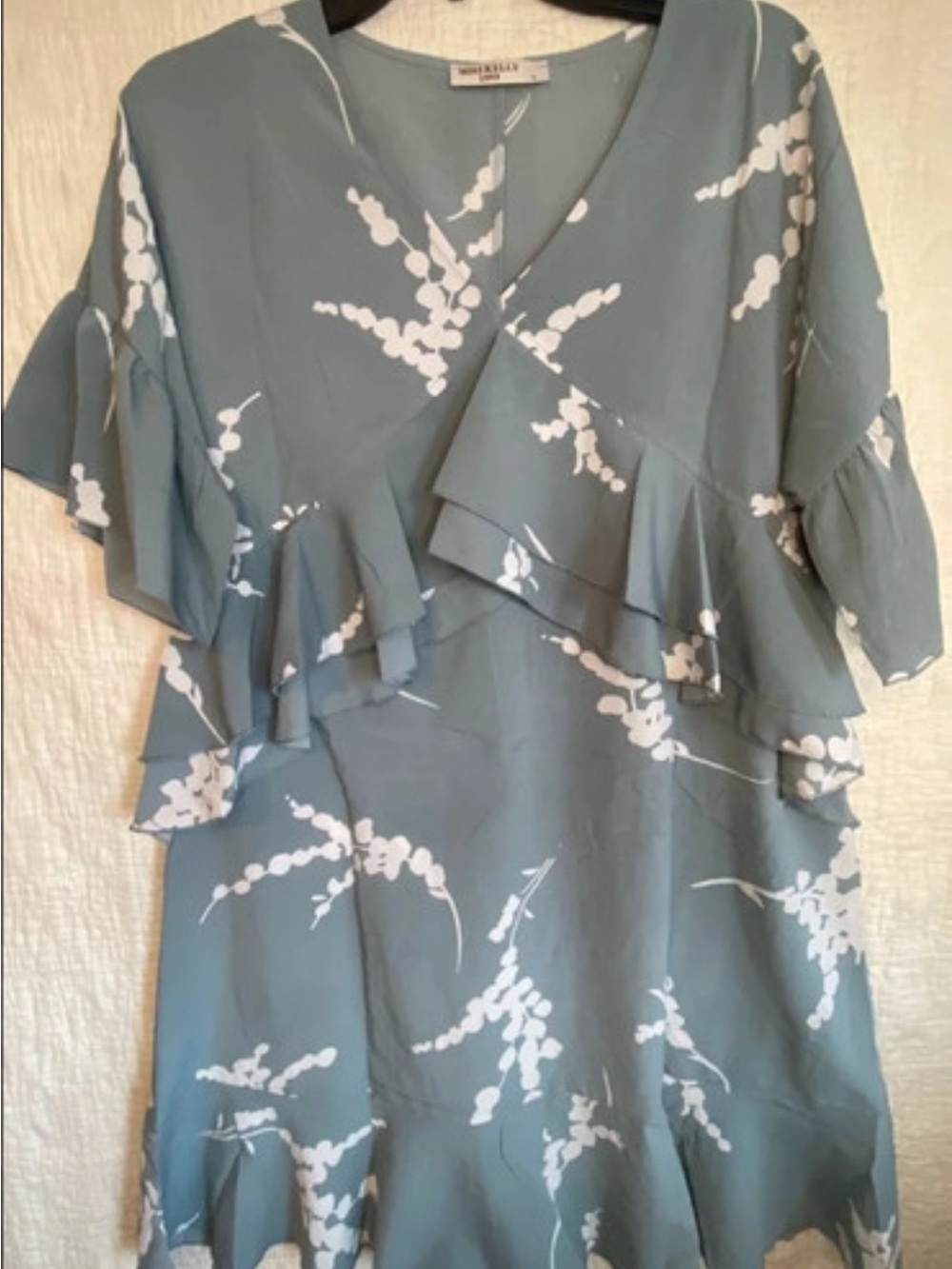 White Floral Dusty Blue Ruffle Midi Dress